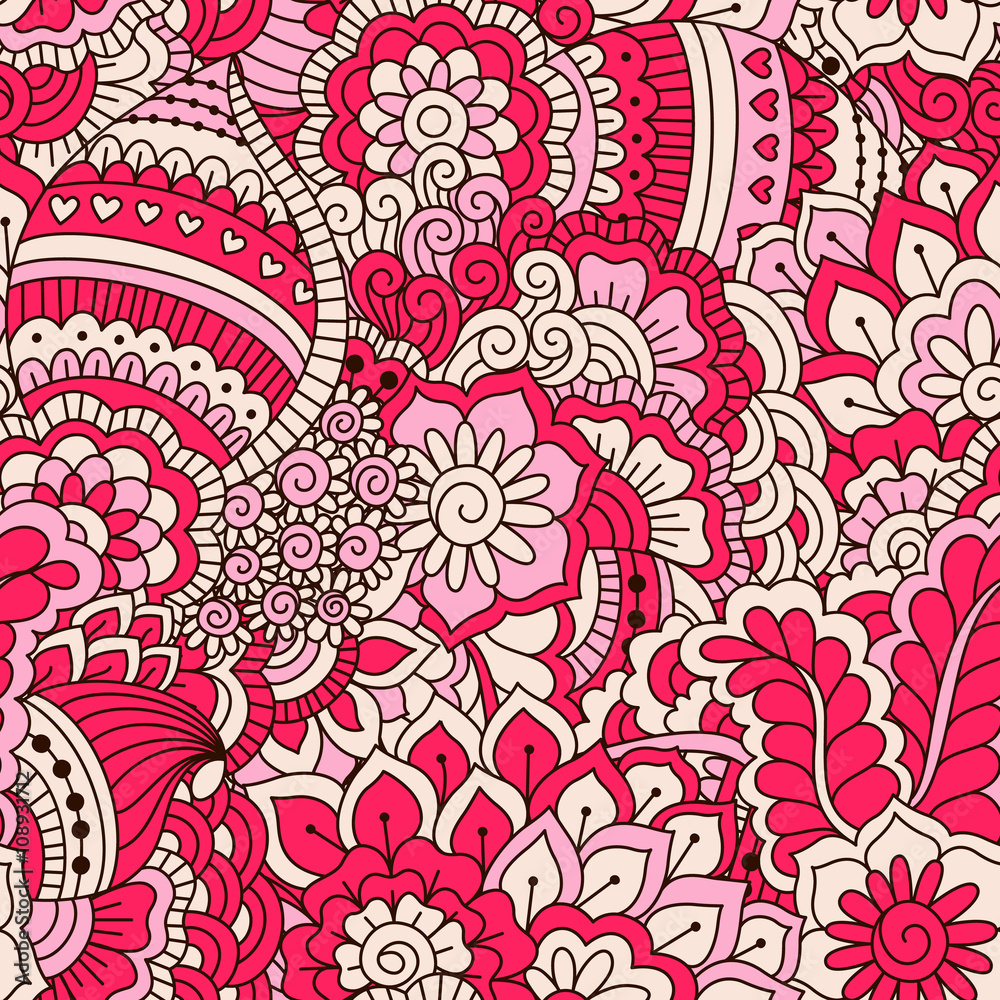 Hand drawn seamless pattern with floral elements. Colorful ethnic background. Pattern can be used for fabric, wallpaper or wrapping
