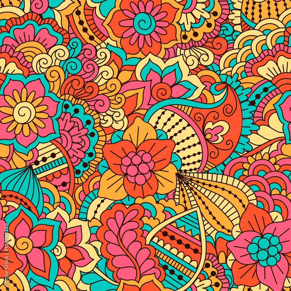 Fototapeta premium Hand drawn seamless pattern with floral elements. Colorful ethnic background. Pattern can be used for fabric, wallpaper or wrapping