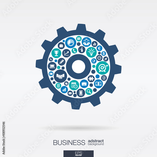 Color circles, flat icons in a cogwheel shape, business, marketing research, strategy, mission, analytics mechanism concepts. Abstract background with connected objects. Vector illustration.