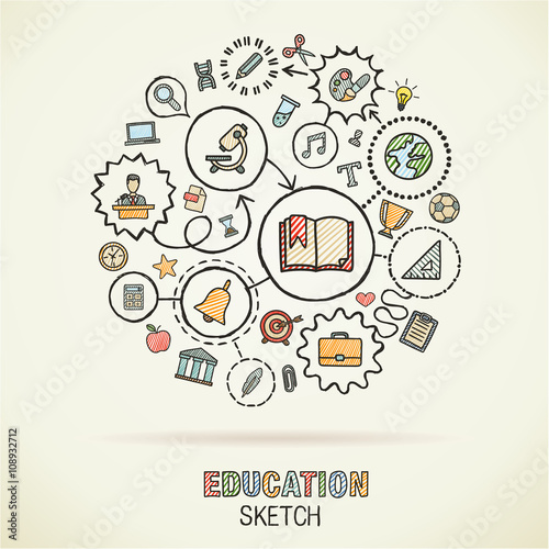Education hand drawing connected icons. Vector doodle interactive pictogram set. sketch concept illustration on paper. elearning, knowledge, learn, analytics, network, science, social media.