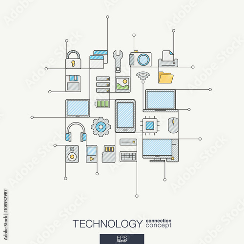 Technology integrated thin line symbols. Modern color style vector concept, with connected flat design icons. Illustration for digital, internet, network, social media, cloud, global concepts.