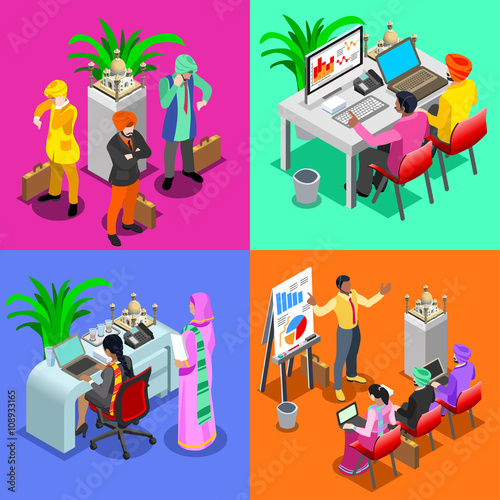 Indian Business Infographic. Businessman Web Conference Agenda Management Meeting Planning and Woman Employee.Flat 3D Isometric People Set.