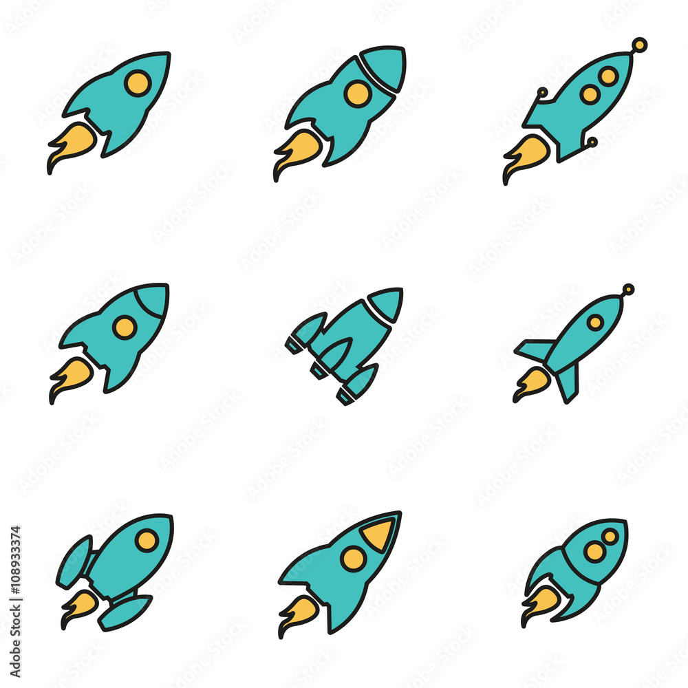 Fototapeta premium Trendy flat line icon pack for designers and developers. Vector line rocket icon set, rocket icon object, rocket icon picture, rocket image - stock vector