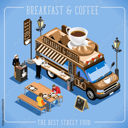 Espresso Breakfast Coffee Food Truck Delivery Master. Street Food Chef Web Template. 3D Flat Isometric Vehicles Food Truck Infographic Elements Isolated Vector Image.