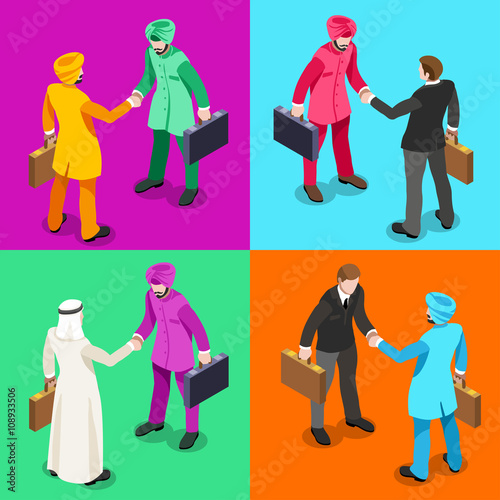 International Business Hand Shaking Infographic. Businessman Meeting Negotiation and Agreement Indian South Asia Ethnicity. Flat 3D Isometric People Set.