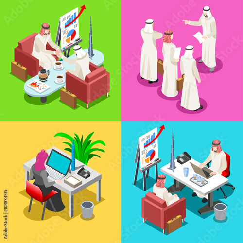 Middle Eastern Arab Sheik Businessman 3D Flat Isometric People Collection. Arab Business Man Drawing. Finance Character Picture.