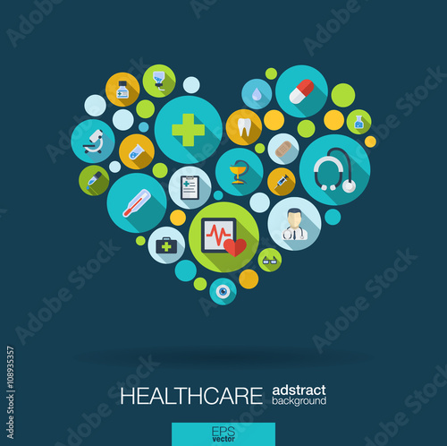 Color circles with flat icons in a heart shape for medicine, medical, health, cross, healthcare concepts. Abstract background with connected objects in integrated group of elements. Vector