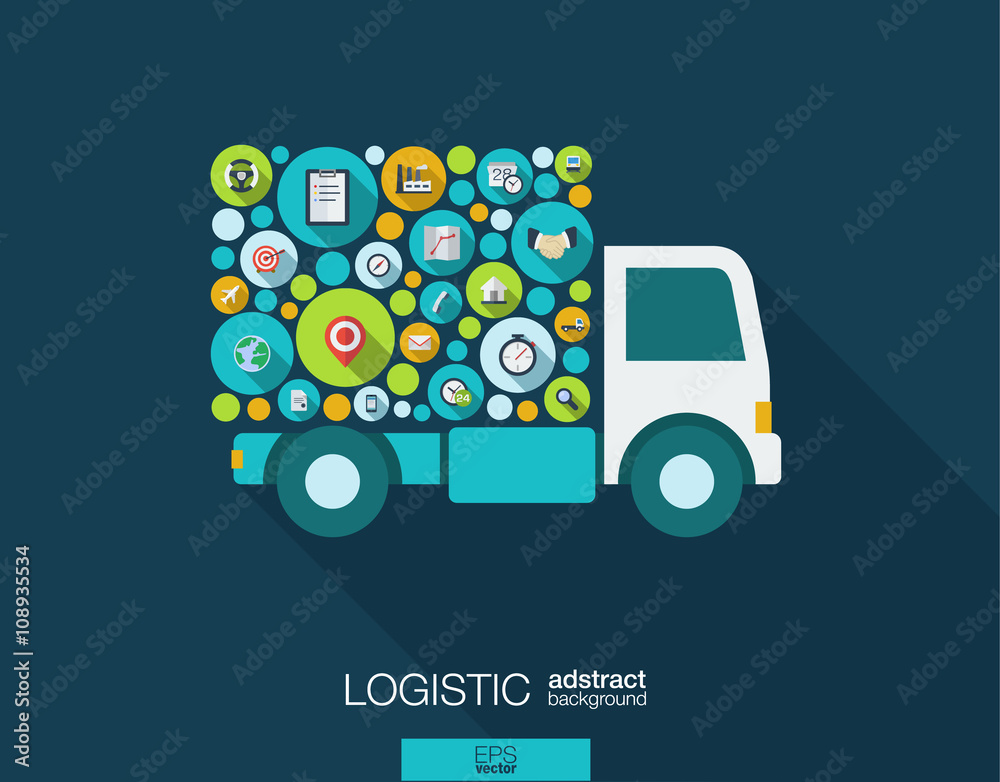 Color circles, flat icons in a truck shape for distribution, delivery, service, shipping, logistic, transport, market concepts. Abstract background with connected objects. Vector illustration. Color circles, flat icons in a truck shape for distribution, delivery, service, shipping, logistic, transport, market concepts. Abstract background with connected objects. Vector illustration.