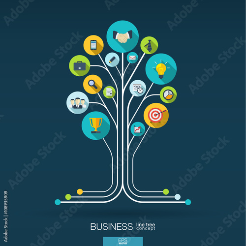 Abstract background with connected circles, integrated flat icons. Growth tree concept for business, communication, marketing research, strategy, mission, analytics. Vector interactive illustration.