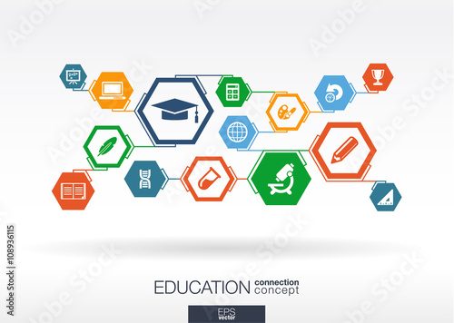 Education network. Hexagon abstract background with lines, polygons, and integrate flat icons. Connected symbols for elearning, knowledge, learn and global concepts. Vector interactive illustration