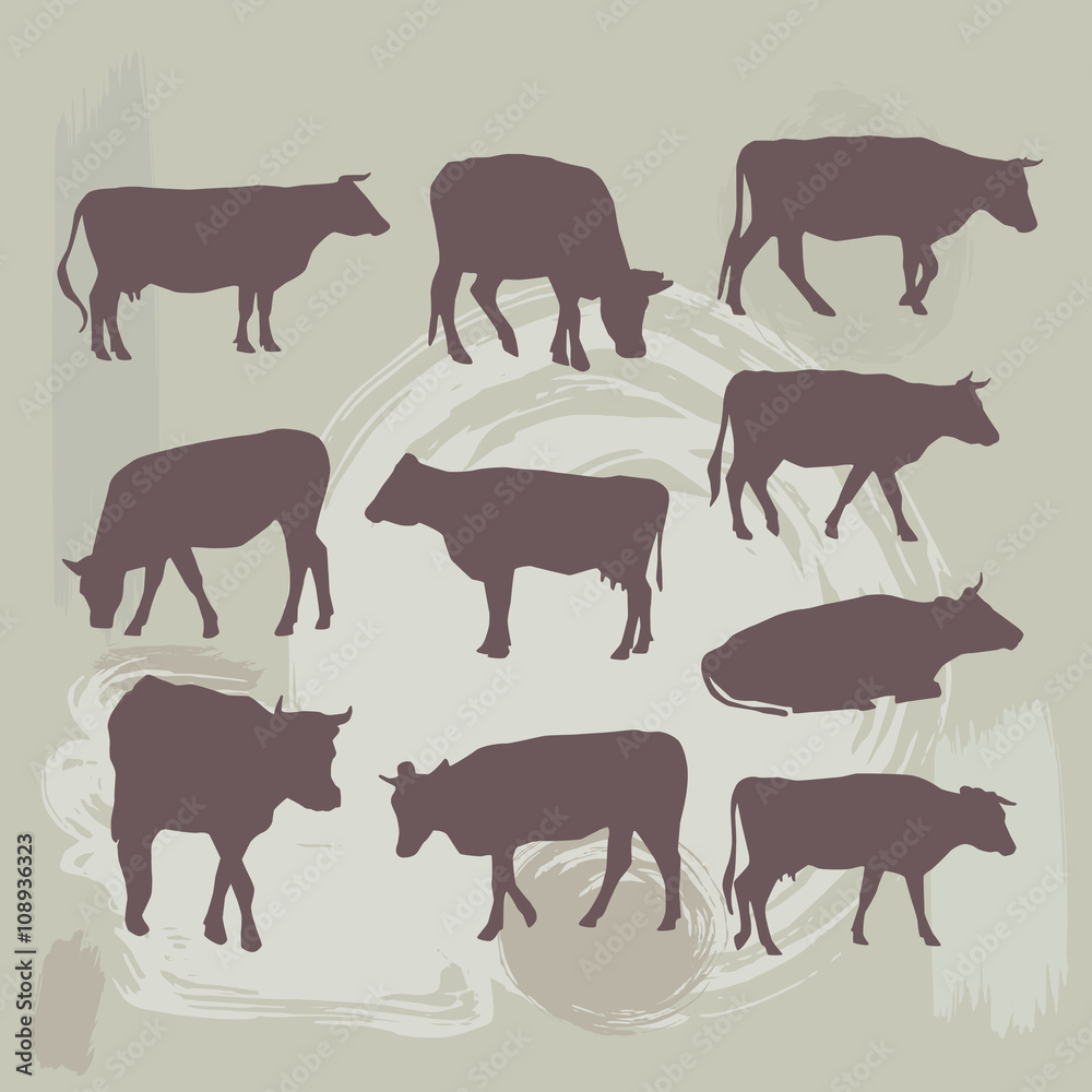 cow set silhouette on grunge background. vector cow set silhouette on grunge background. vector