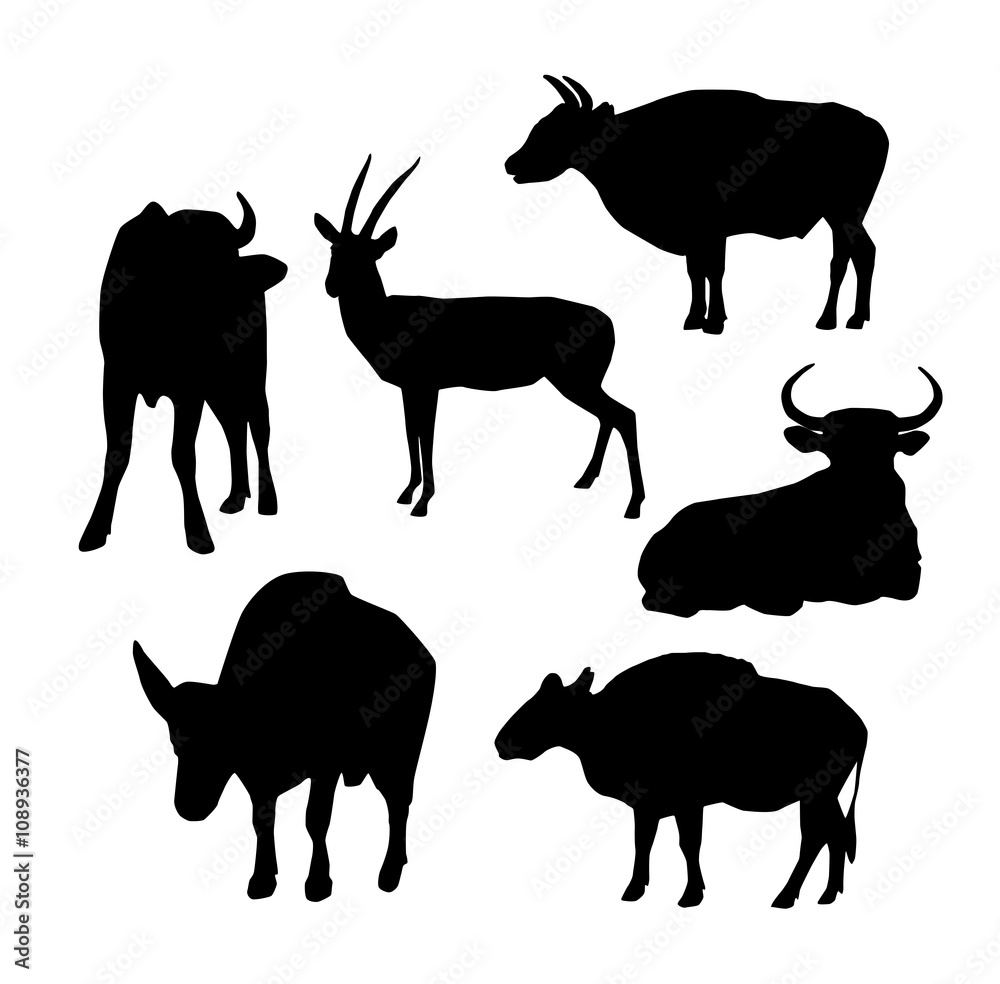 Cow, bull and deer black silhouette on white background. vector