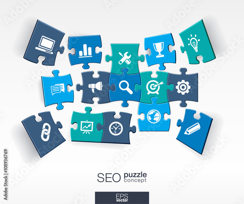 Abstract SEO background with connected color puzzles, integrated flat icons. 3d infographic concept with network, digital, analytics, data and market pieces in perspective. Vector illustration