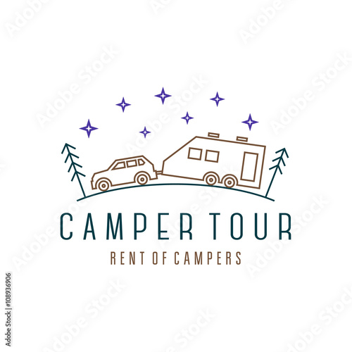 Camper tour Vehicle with trailer car house, modern linear vector illustration logo