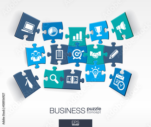 Abstract business background, connected color puzzles, integrated flat icons. 3d infographic concept with marketing research, strategy, mission, analytics pieces in perspective. Vector illustration.