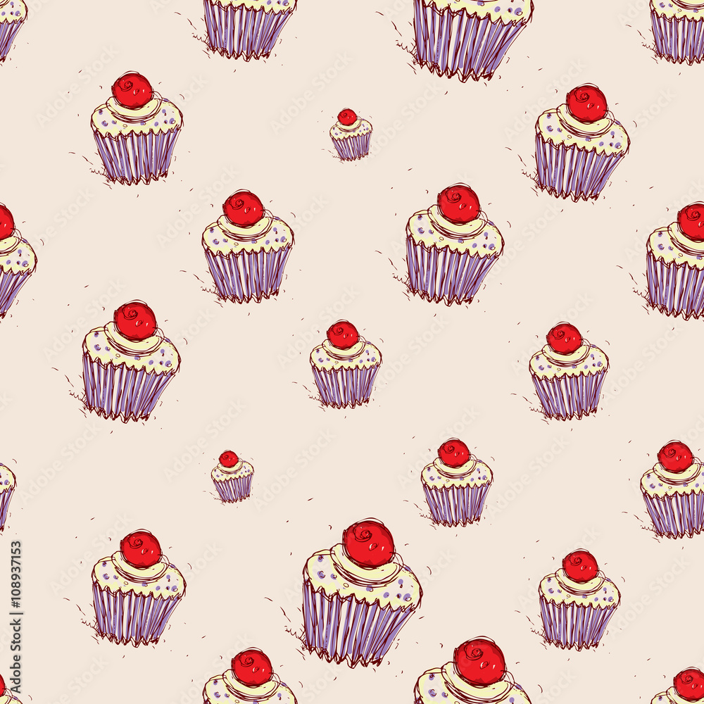 Cupcake with cherries and cream Hand drawn sketch on pink background. seamless pattern vector Cupcake with cherries and cream Hand drawn sketch on pink background. seamless pattern vector