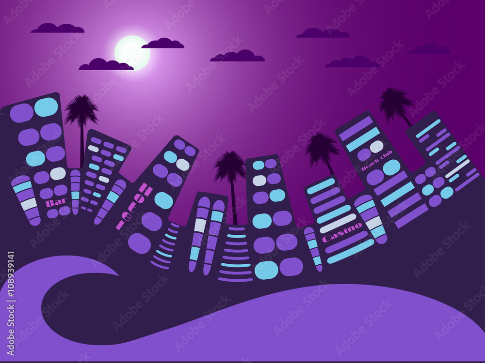 Night city landscape. Moon and cloud. Vector illustration.