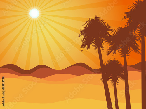 Sunset in the desert with palm tree. Desert landscape. Vector illustration.