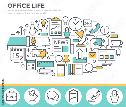  Office life concept illustration, thin line, flat design