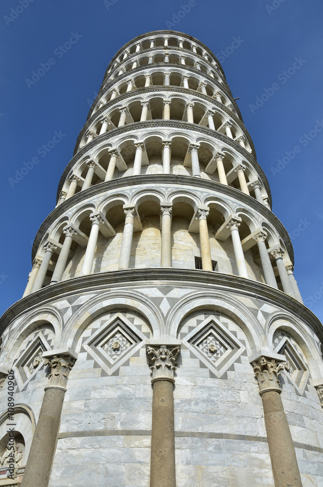 Leaning Tower of Pisa seen from below. A wonderful medieval monument, one of the most famous landamrk in Italy