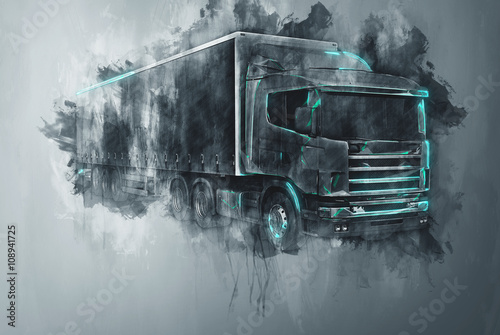 Painted tractor trailer truck in gray photo