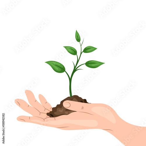A man's hand holding a sprout with a handful of ground. Environmental protection, ecology concept illustration in flat style. Earth Day or World Environment Day.