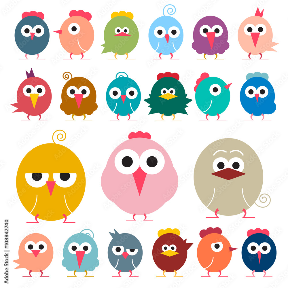 Chicken - Flat Design Vector Funky Chicks Illustration Isolated on White Background - Simple Birds Icons Chicken - Flat Design Vector Funky Chicks Illustration Isolated on White Background - Simple Birds Icons