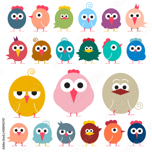 Chicken - Flat Design Vector Funky Chicks Illustration Isolated on White Background - Simple Birds Icons