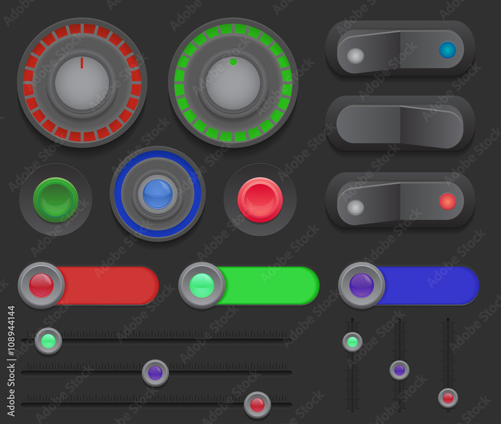 Big set of switches, buttons, sliders on a dark background.