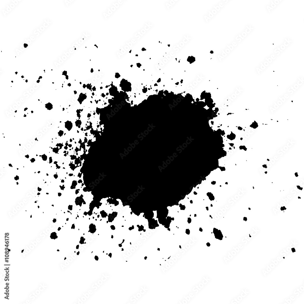 Black Ink paint blob with splatter on white background. Stain abstract background, frame vector illustration