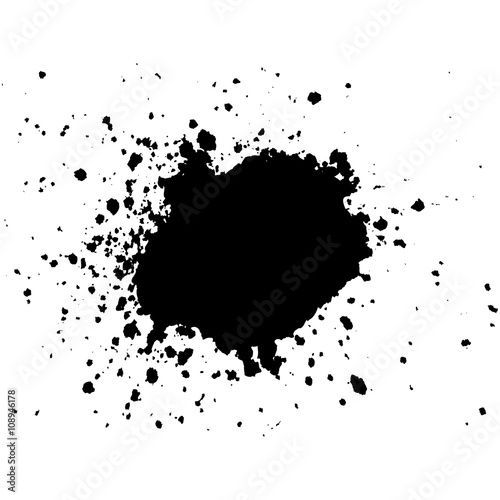 Black Ink paint blob with splatter on white background. Stain abstract background, frame vector illustration