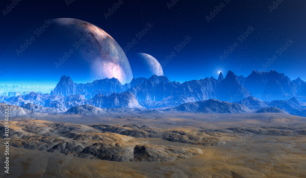 Naklejka premium double moon above Crater Landscape on alien Planet.