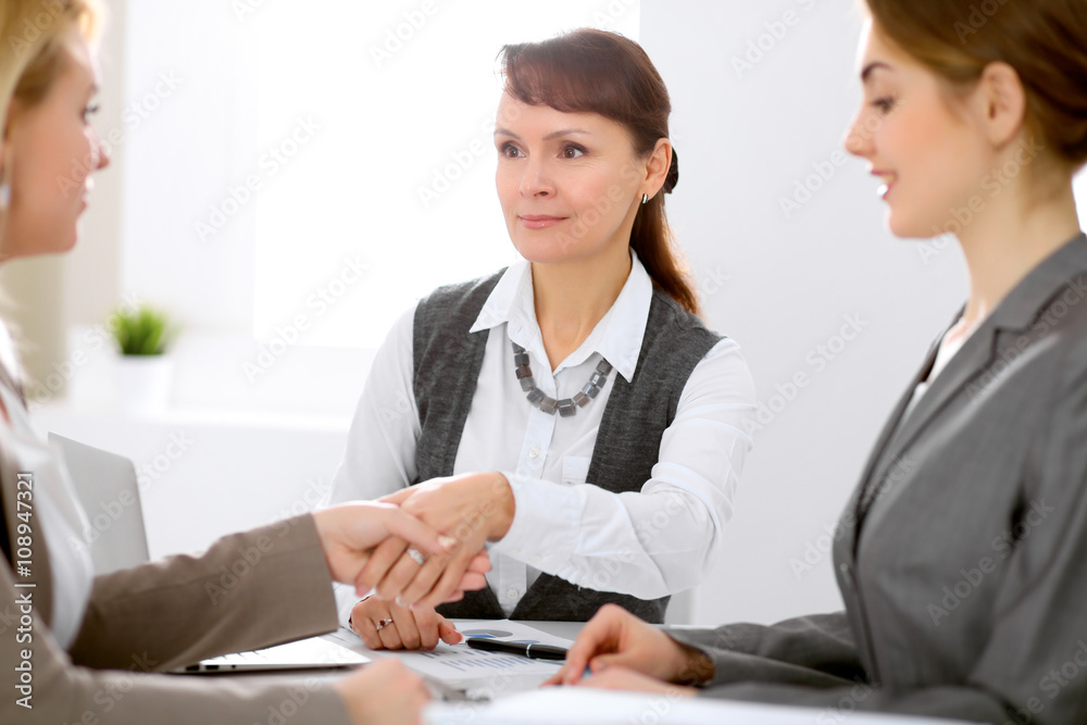 Business people shaking hands, finishing up a meeting Business people shaking hands, finishing up a meeting