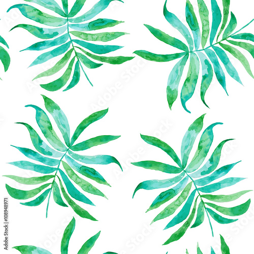 Watercolor drawing  palm trees or green leaves  seamless pattern 