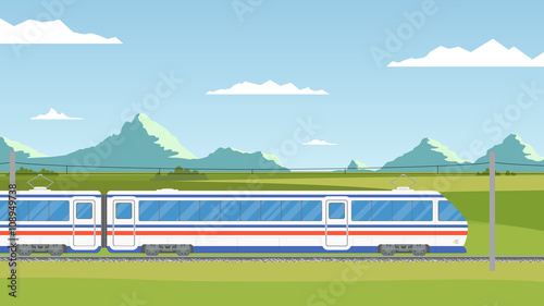 The train moves on railway against the backdrop mountain landscape. Summer vacation. Time to travel banner. Wanderlust. Train trip in the flat style.