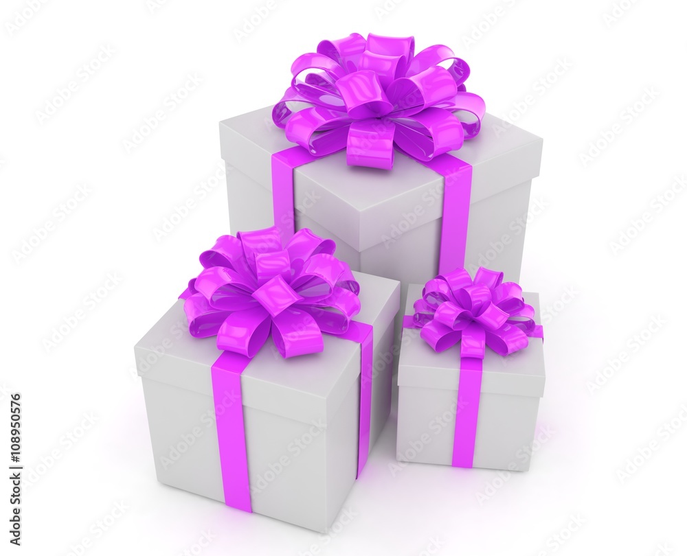 three gift boxes with bows isolated on white. 3d rendering. three gift boxes with bows isolated on white. 3d rendering.