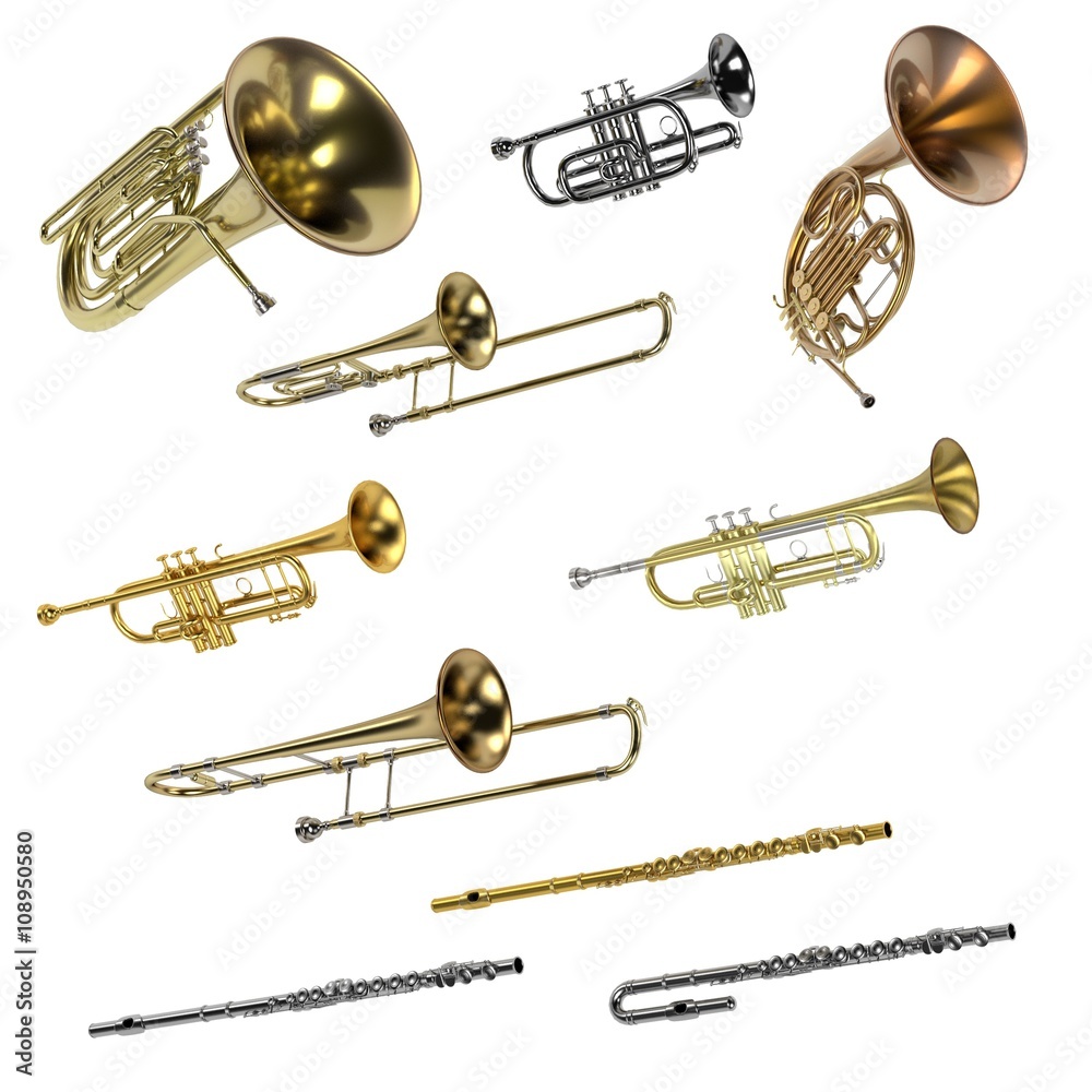 3d rendering of brass musical instruments 3d rendering of brass musical instruments