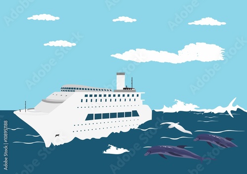White big cruise liner on ocean waves, vector illustration