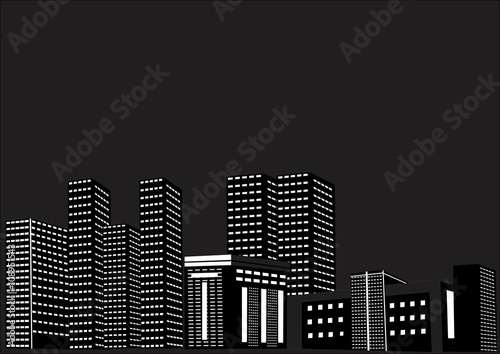 Urban black building with shining lights on black background