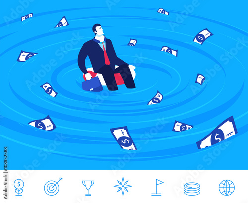 Vector illustration of teamwork. Businessman and lifebuoy