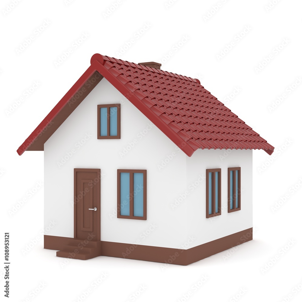 Isolated home with red roof on white. 3D rendering.