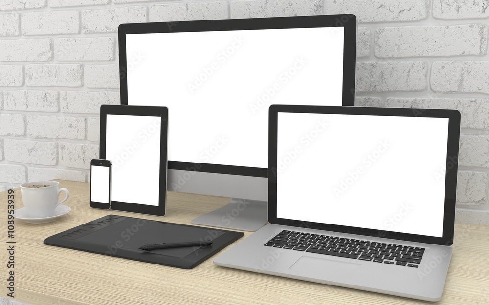 Fototapeta premium Responsive mockup screen. Monitor, laptop, tablet, phone on table in office. 3d rendering.