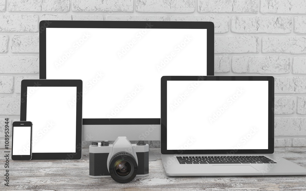 Responsive mockup screen. Monitor, laptop, tablet, phone on table in office. 3d rendering. Responsive mockup screen. Monitor, laptop, tablet, phone on table in office. 3d rendering.