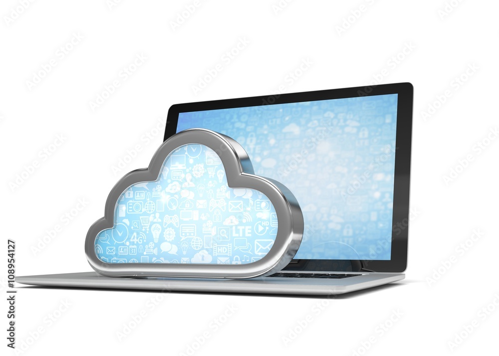 Laptop with cloud computing symbol on keyboard. 3d render Laptop with cloud computing symbol on keyboard. 3d render