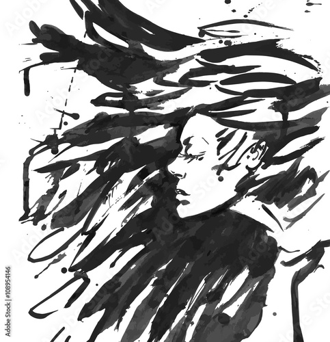 vector Dark Queen. Fantasy black hair. Drawn ink