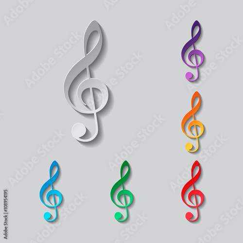 Simple icon of treble key set. paper design with colored objects