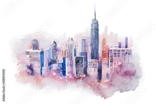 Photography watercolor drawing cityscape big city downtown, aquarelle painting
