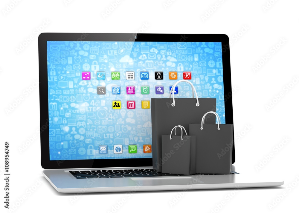 laptop and shopping pags on white background. 3d rendering. laptop and shopping pags on white background. 3d rendering.