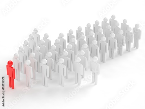 Many 3d people figure in arrow shape with the leader in front. 3d rendering.