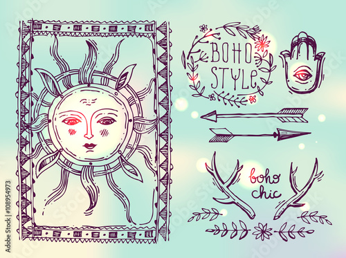 Set of Boho Style  hand drawn elements. 